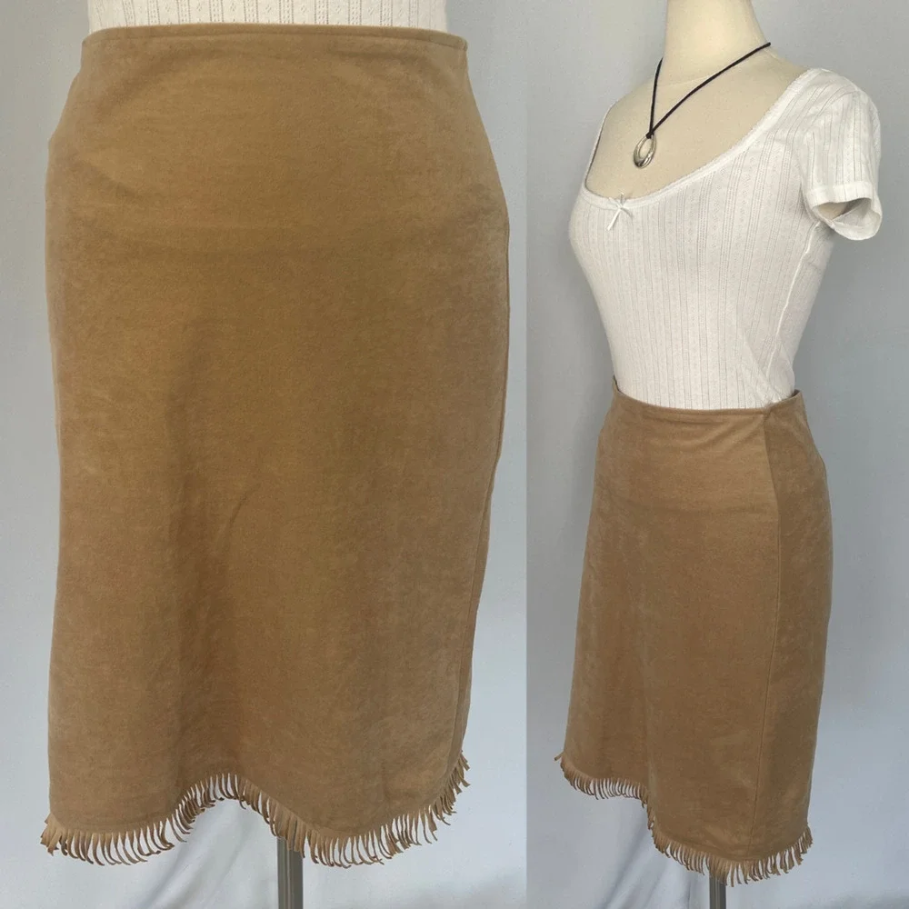 Vintage Pencil Skirt Large Tan Brown Faux Suede Fringe Boho Stretch Rodeo Y2K